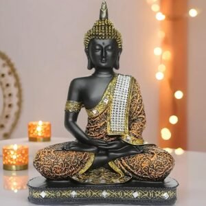 New 25 Centimetre Meditating Sitting Buddha Statue showpiece Idol Home Decor Items for Living Room and Gifts (1, Orange Black)