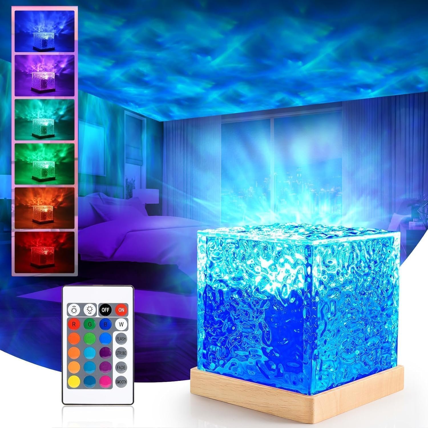 acrylic Romantic Ocean Wave Night Light Projector Lamp, 3D Water Wave Effect, LED Projection Lamp for Bedroom Decor, Remote Control (Cube Shape)Multicolor