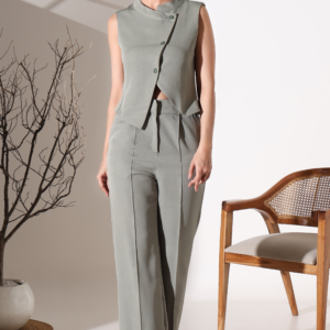 Asymmetric Sleeveless Vest & Wide-Leg Trousers Co-Ord Set in Pista Green