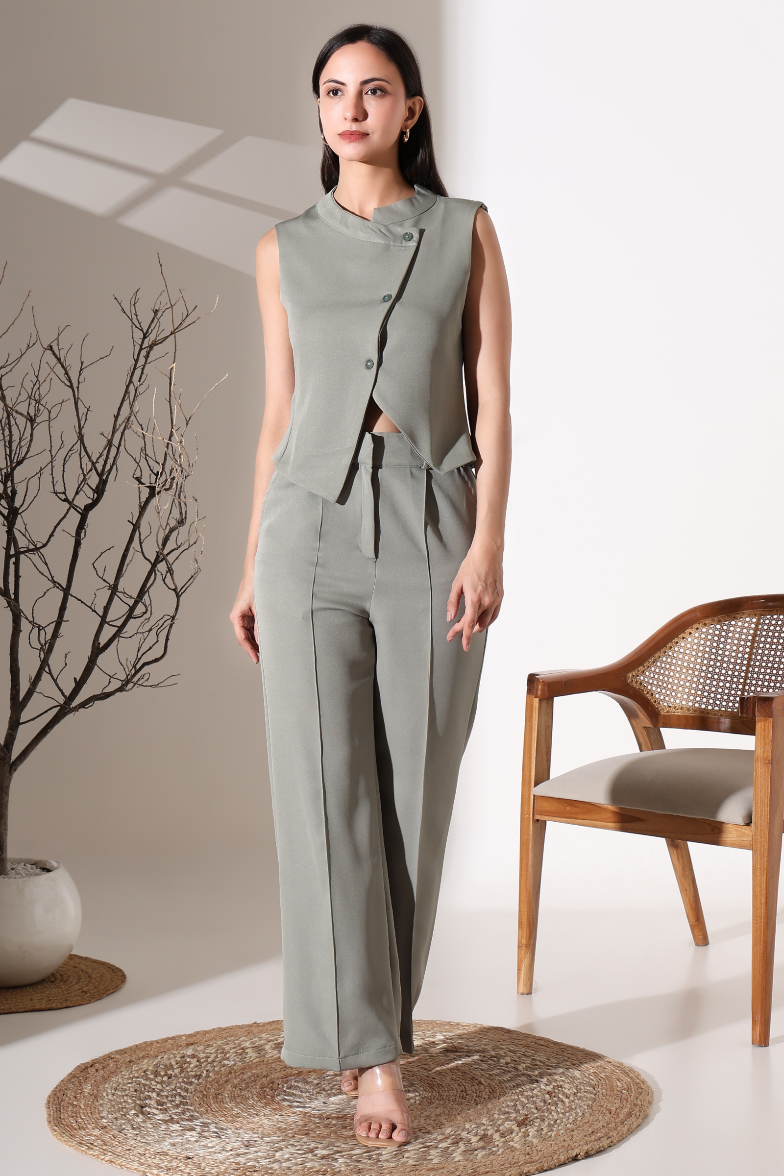 Asymmetric Sleeveless Vest & Wide-Leg Trousers Co-Ord Set in Pista Green