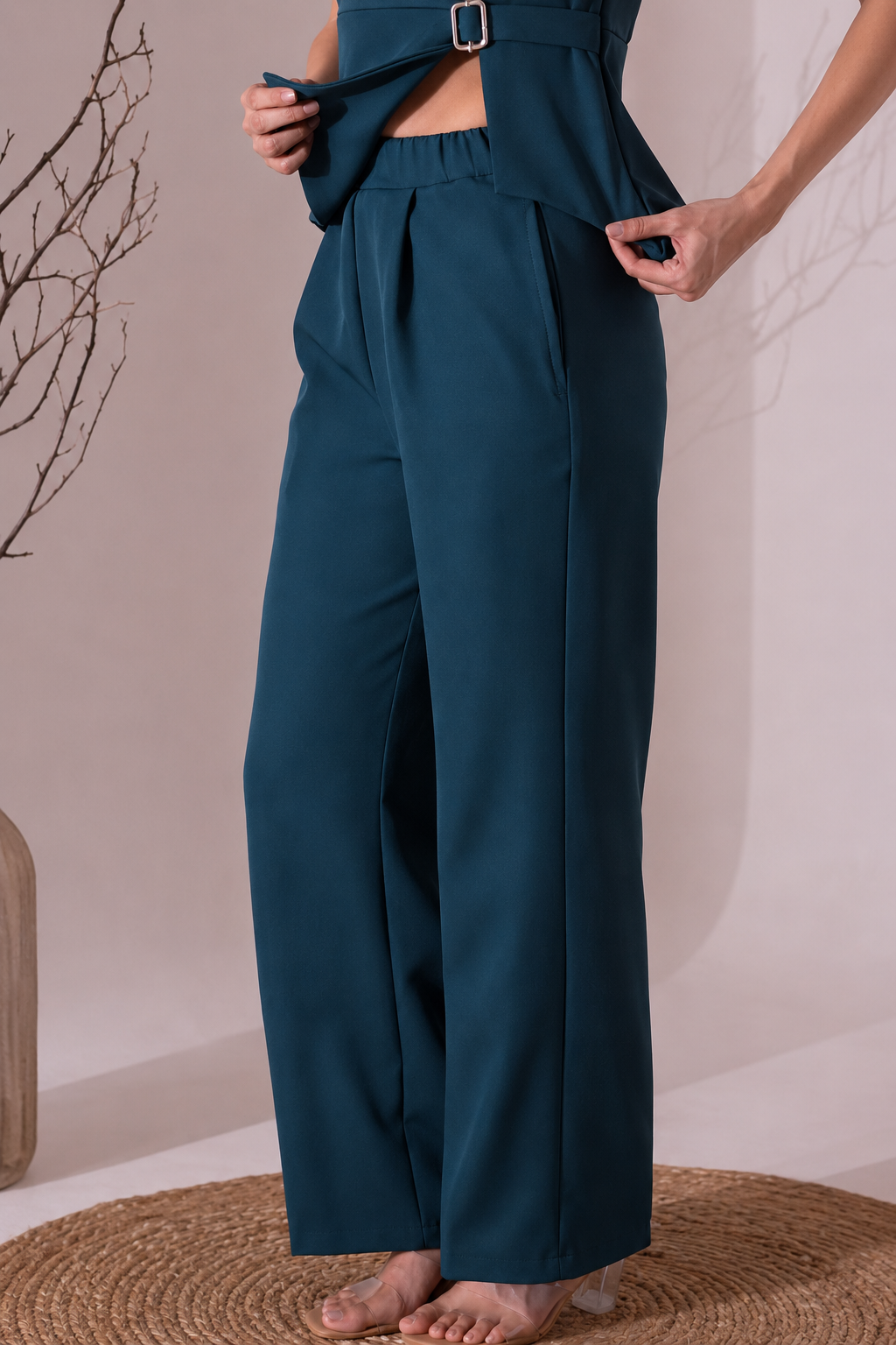 Comfort Elastic waistband Wide-Leg Trousers with Hidden Side Zip in Bottle Green