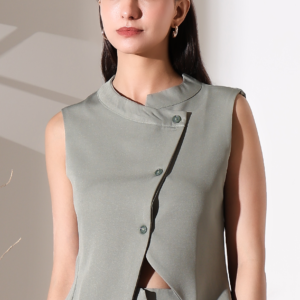 High-Neck Asymmetrical Overlap Top in Pista Green