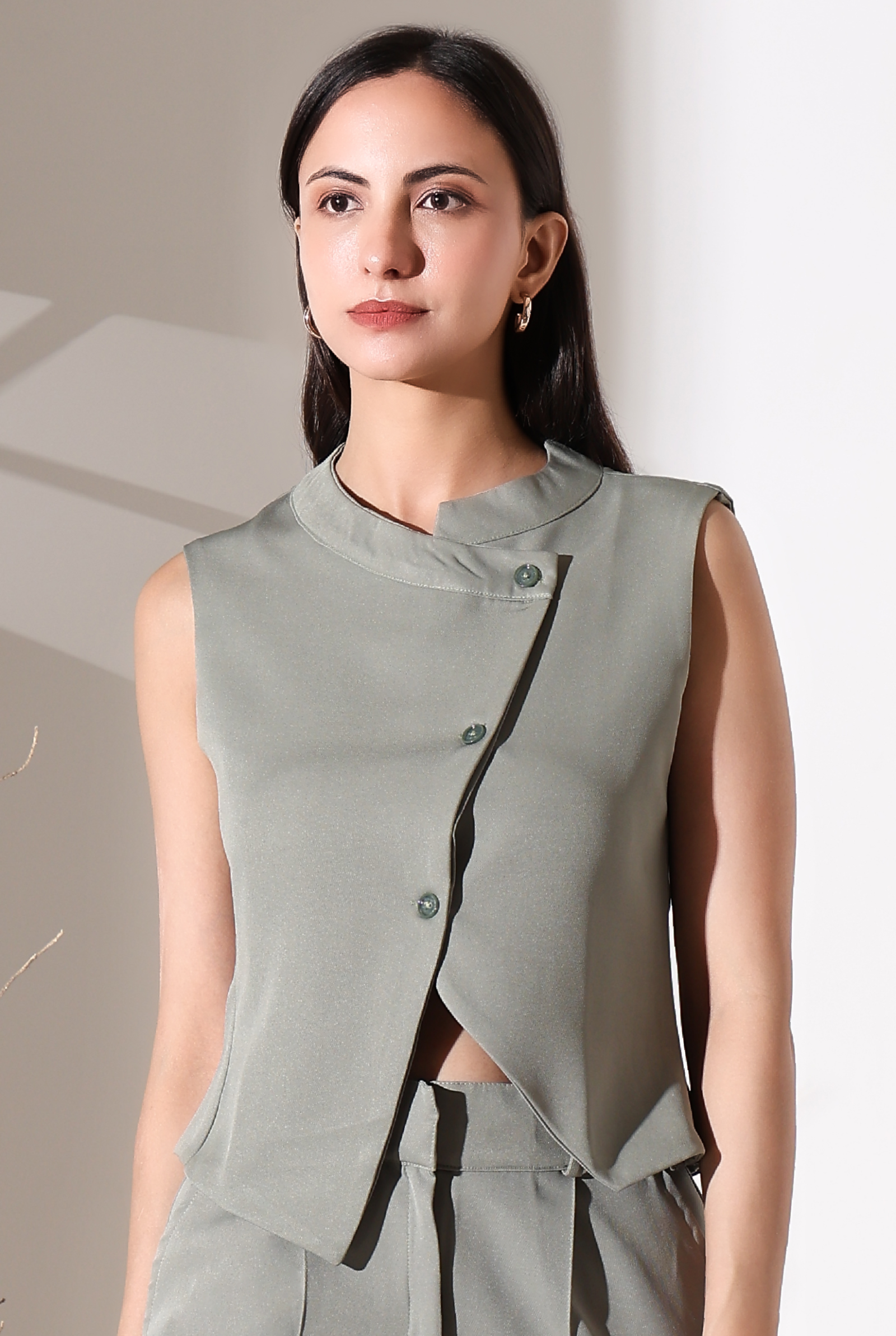 High-Neck Asymmetrical Overlap Top in Pista Green