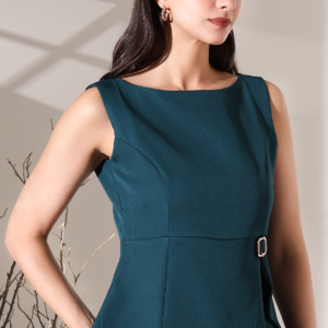 Boat Neck Tailored Sleeveless Top in Bottle Green Color