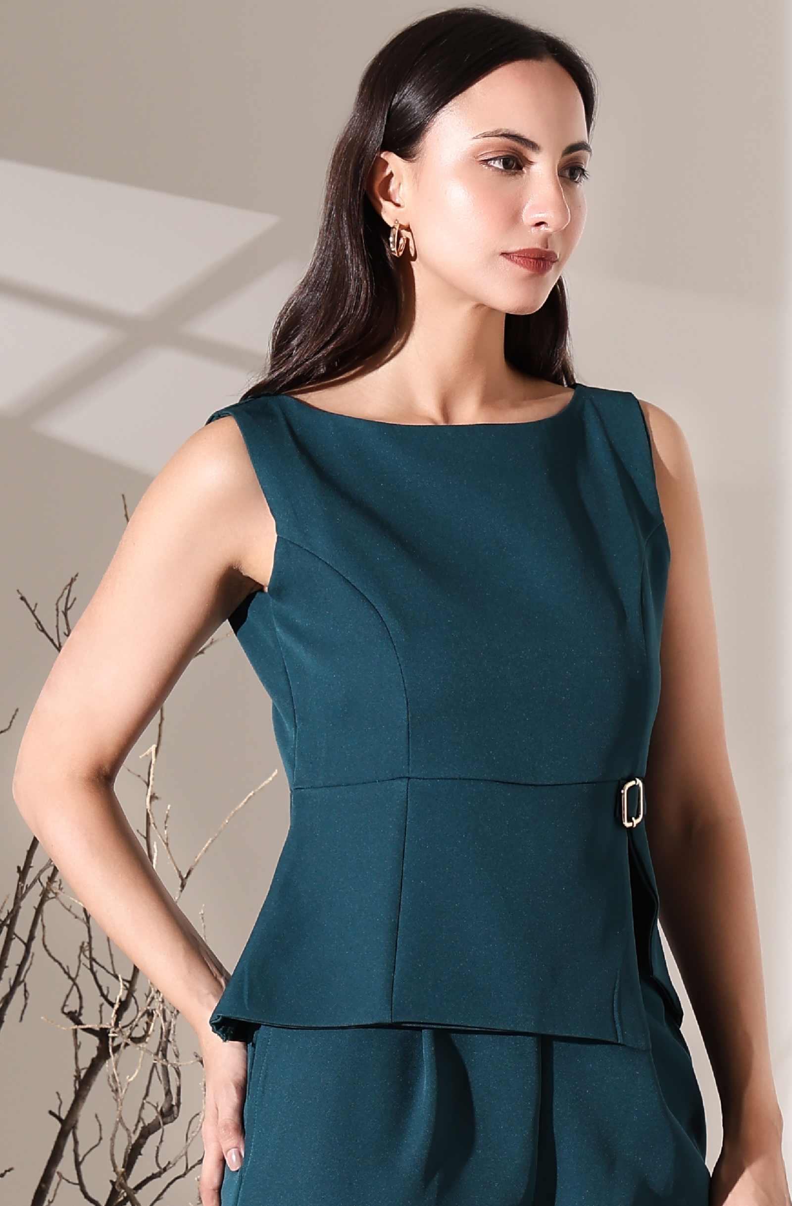 Boat Neck Tailored Sleeveless Top in Bottle Green Color